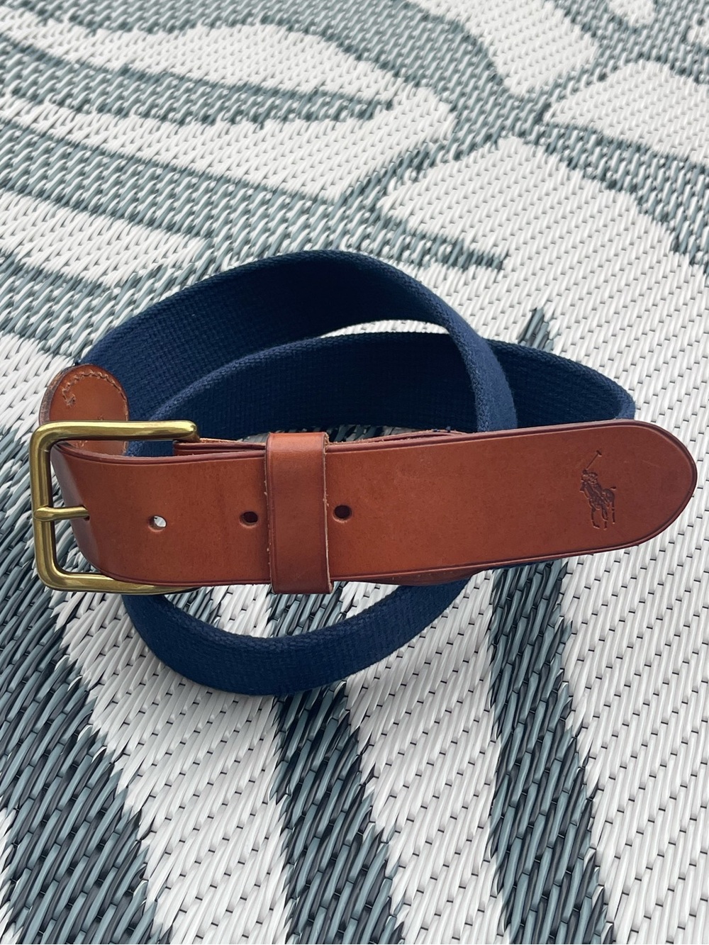 Polo Ralph Lauren Navy Cotton & Brown Leather Belt - - Men’s Size 36 Preppy